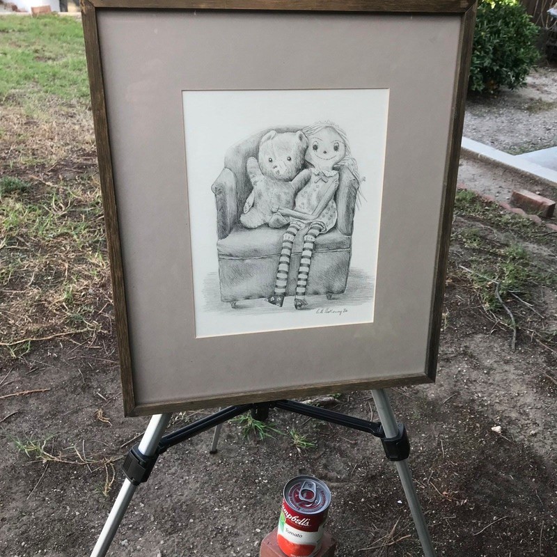 EDGAR HOLLOWAY Original 1984 MODERN VINTAGE 'Doll & Bear' SIGNED PENCIL DRAWING gallery