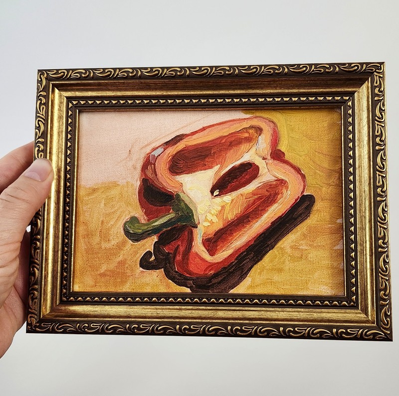 Red Pepper Original Oil Painting 5×7 Framed Kitchen Still Life Art Signed OOAK