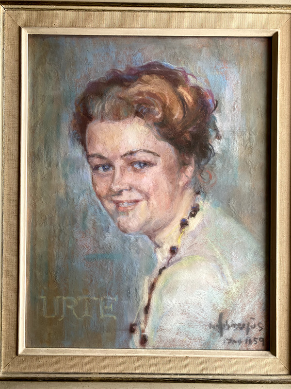 Pastel Portrait Unreadable Signed 1959 Portrait Young Woman Lady Antique gallery