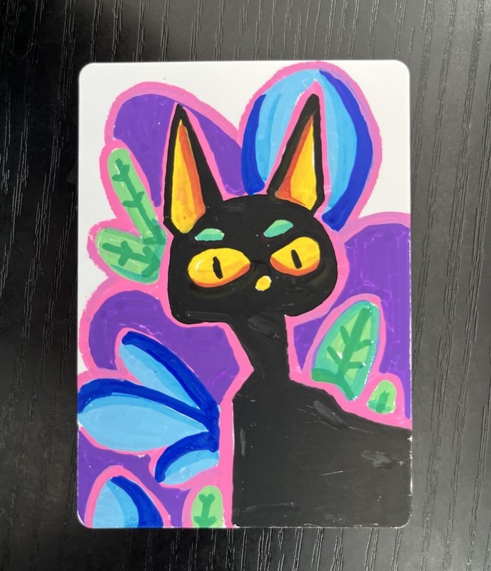 ACEO ART CARD Original – Neon Black Cat Kitty- Plants – Jessica Skye Design