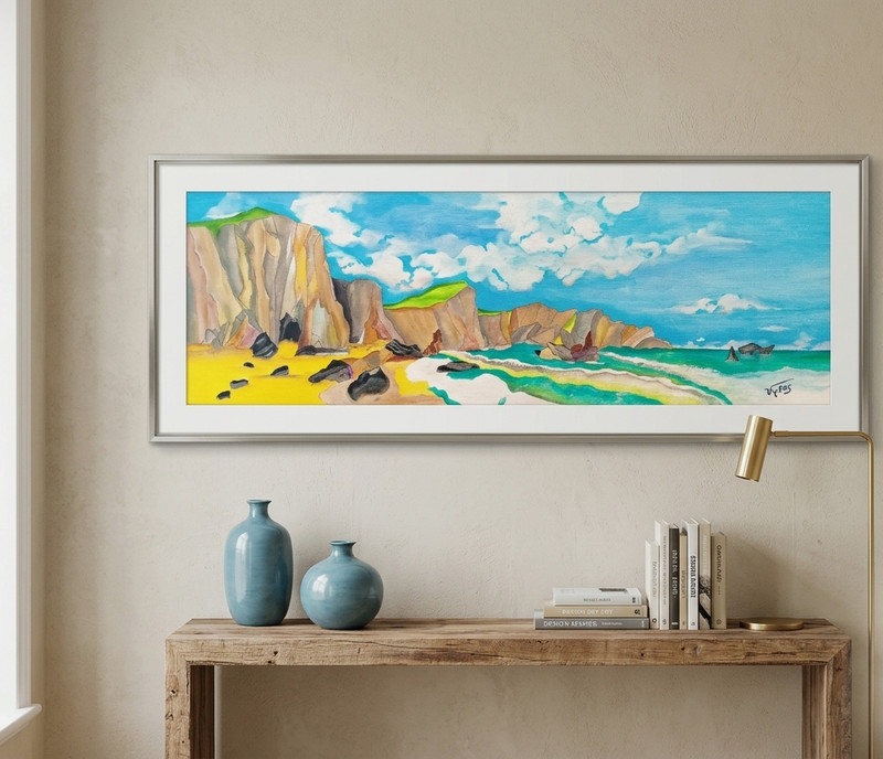 Cliffside Seascape Ocean Original Acrylic Painting Canvas Signed Vytas 36x12in