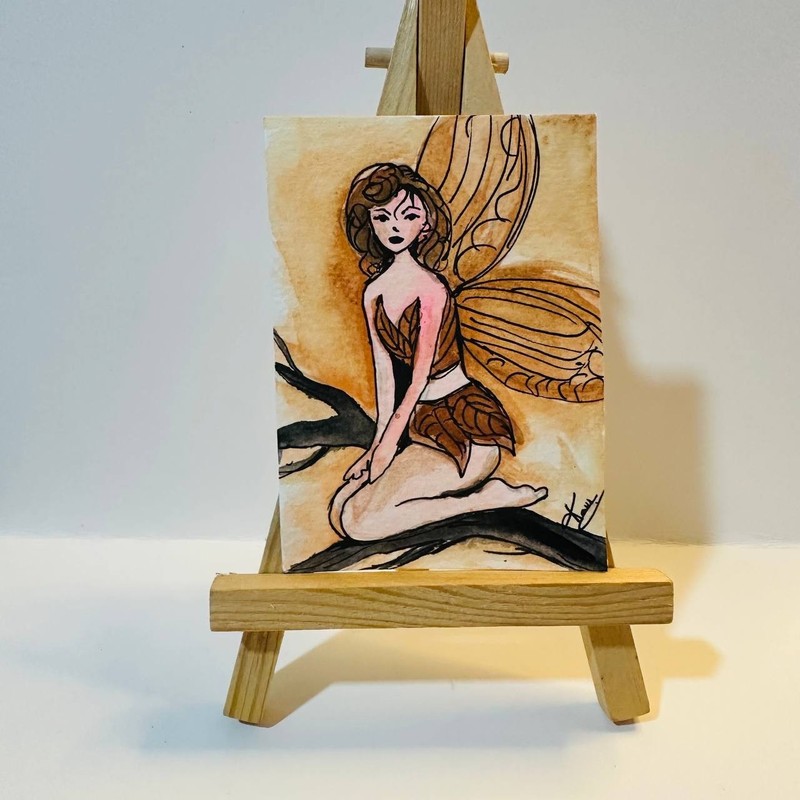 Brown Fairy Watercolor Painting Original ACEO Fantasy Girl Miniature Art OOAK gallery