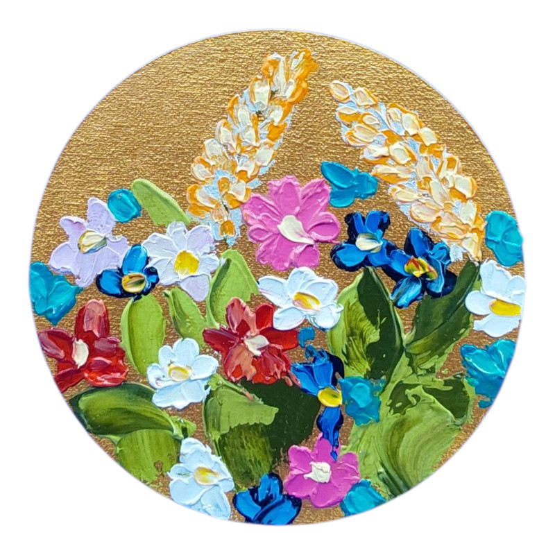 Wildflowers Daisies 3D Original Oil Painting Round Wall Art Handmade 4×4 in