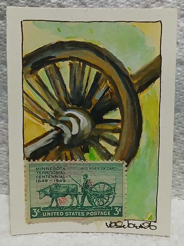Postal Whimsy Ox‑Cart Wheel ACEO — OOAK Watercolor Scribble, 3¢ Minnesota Centen