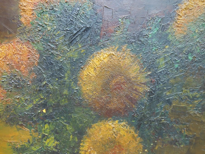 1955 Impressionist Still Life Oil Painting Sunflowers Signed and Dated 18" X 24" gallery