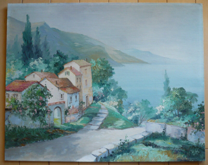 MILANKA ADICH, INDIANA IN, VINTAGE OIL PAINTING ITALY LANDSCAPE VILLAGE COASTAL