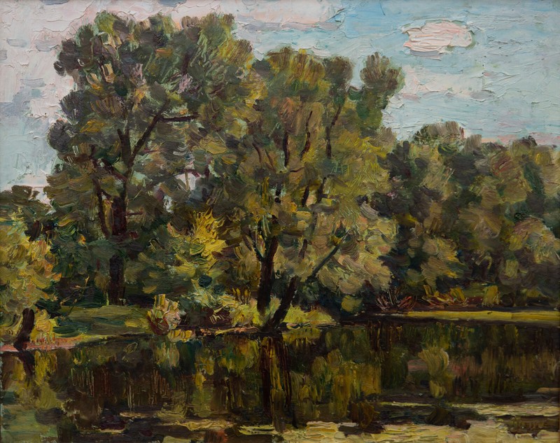 Valery Mozok, «Willows over the bay», cardboard, oil, 17,7×19,7 in
