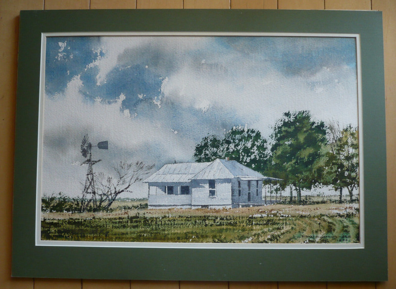 ROBERT GARTLAND, LISTED OKLAHOMA WATERCOLOR SIGNED LANDSCAPE FARM HOUSE RURAL OK