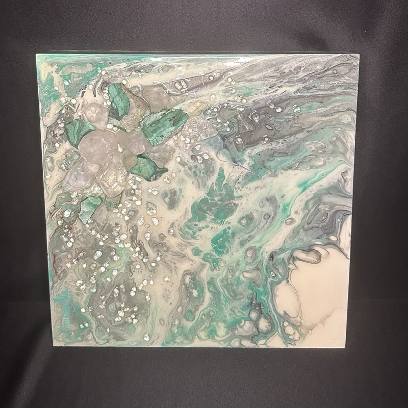 Quartz Crystals and Malachite Clusters Abstract Resin Painting Canvas 12×12
