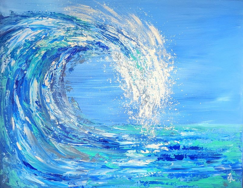 Original Painting. Ocean Wave. Hand-Painted Textured Acrylic on Canvas. 14″ COA