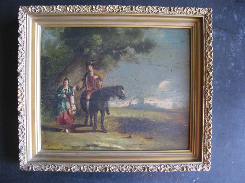 c1700s WINKING PEASANT GIRL & HORSEMAN Risque Oil Painting on Wood Panel ENGLISH gallery