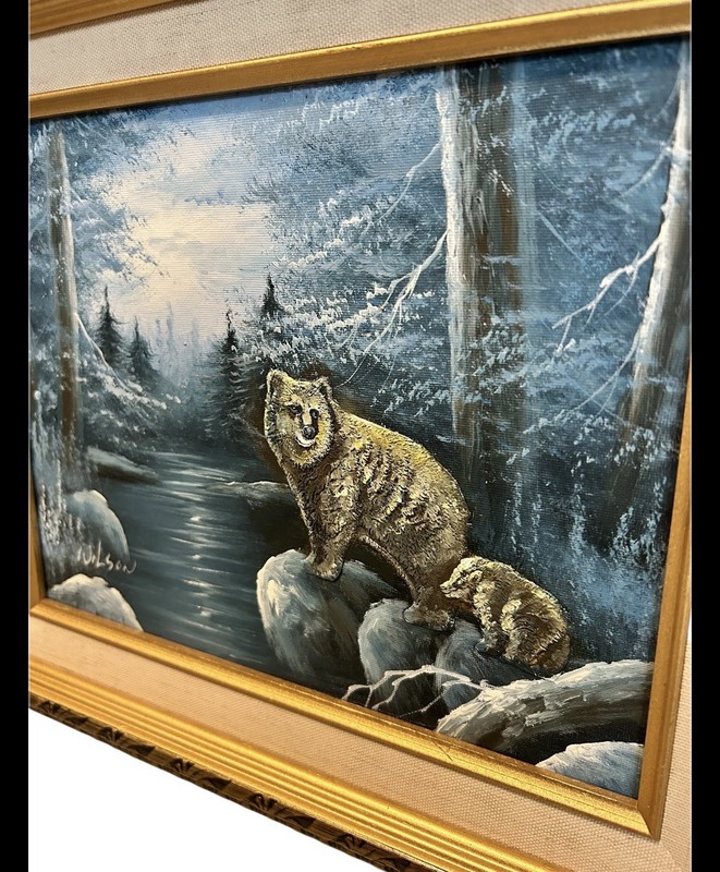 Wildlife Bear Snowy Forest Textured Oil Painting Signed Wilson Mexico 13x15 gallery