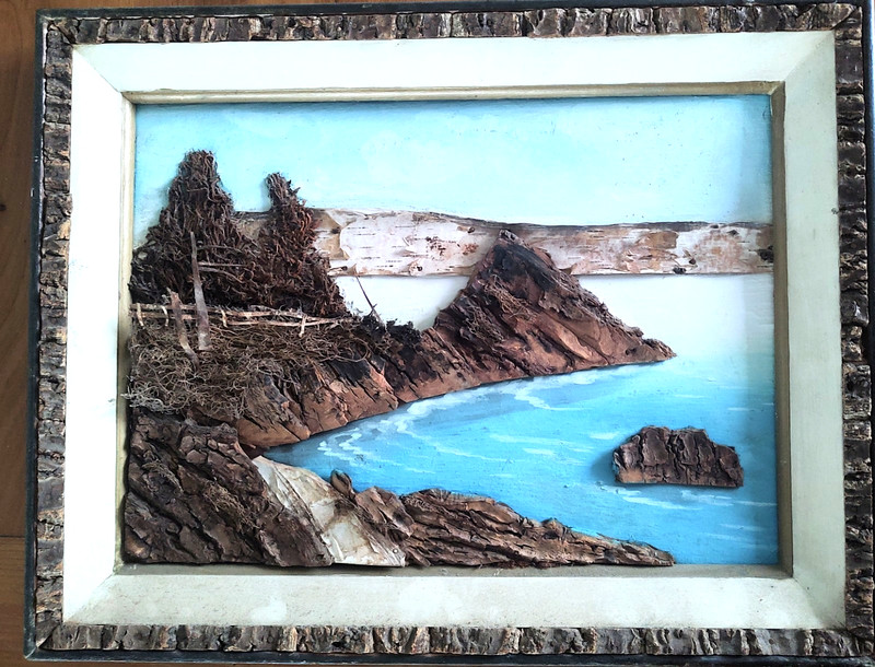 Vintage Japanese Bark and Moss Coastal Beach Scene Framed 16×12 Ocean Rocks
