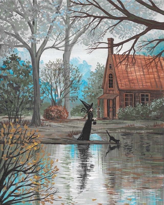 5×7 print of PAINTING HALLOWEEN RYTA BLACK CAT WITCH GOTHIC LANDSCAPE Salem Art