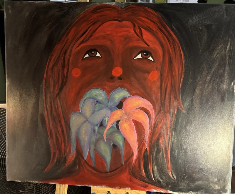 Acrylic Female Face Painting Throwing Up Flowers On Canvas