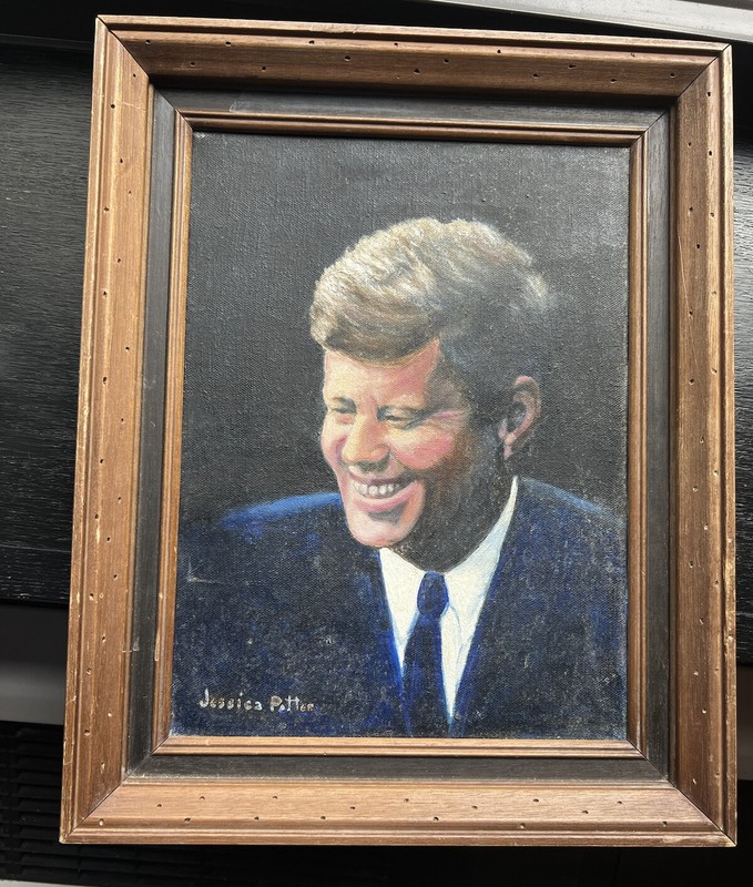 John F Kennedy Portrait Framed Hand Painted Canvas Early 1960s Jessica Potter