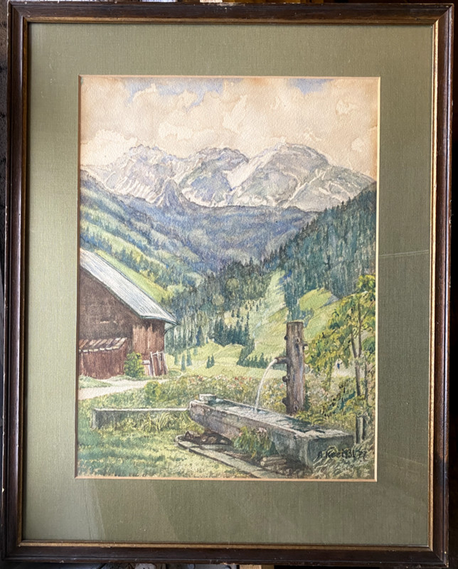 Watercolor on cardboard alpine landscape farmhouse A. Kreissel ’77 vintage