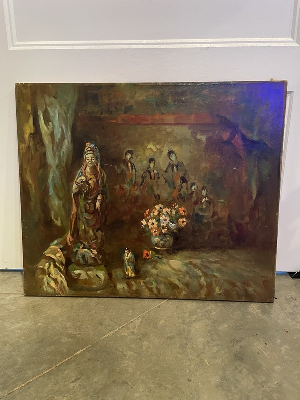 Vintage Oil Painting STILL LIFE ORIENTAL STATUE Antique 24”X 20”
