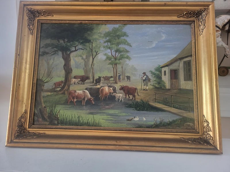 Antique 19th Century Pastoral Dutch School Realism Pastoral Cow Scene