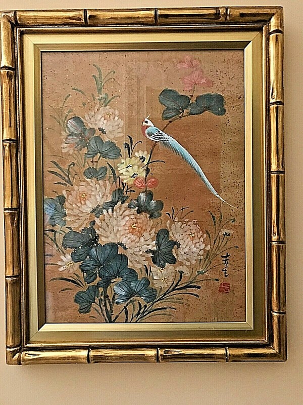 (2) FABULOUS ASIAN VINTAGE PAINTINGS ON CORK - FRAMED IN GLASS/SIGNED gallery