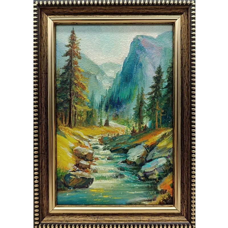 Summer Nature Oil Painting Framed Signed Art Waterfall in Mountains 6×4