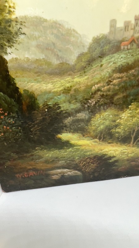 Antique Oil On Board W. Gavin Riverside Village Scene 16x11” gallery