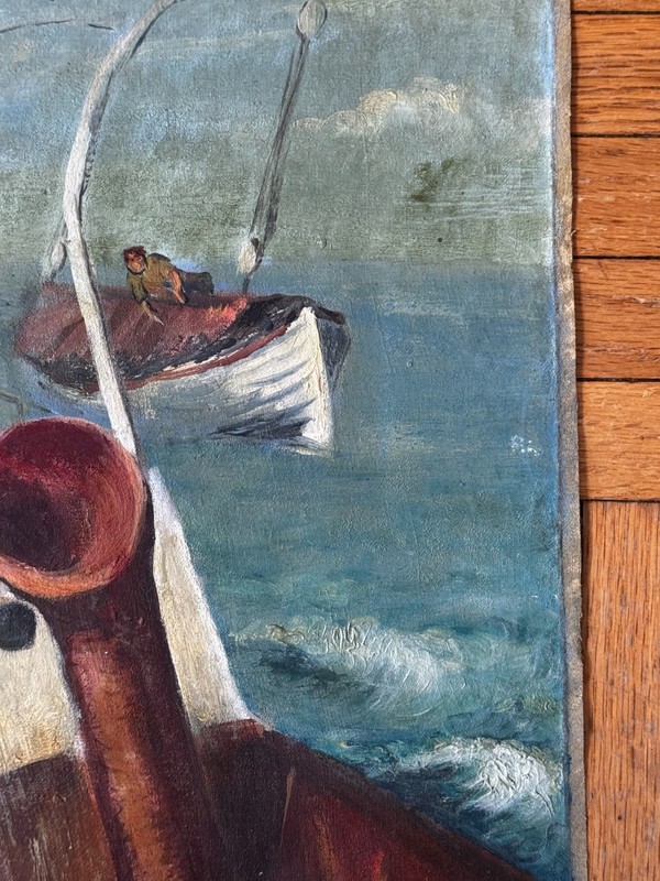 Vintage 1930s Oil on Canvas Landscape Nautical Boat Scene 15x19 Jean Schweckler gallery
