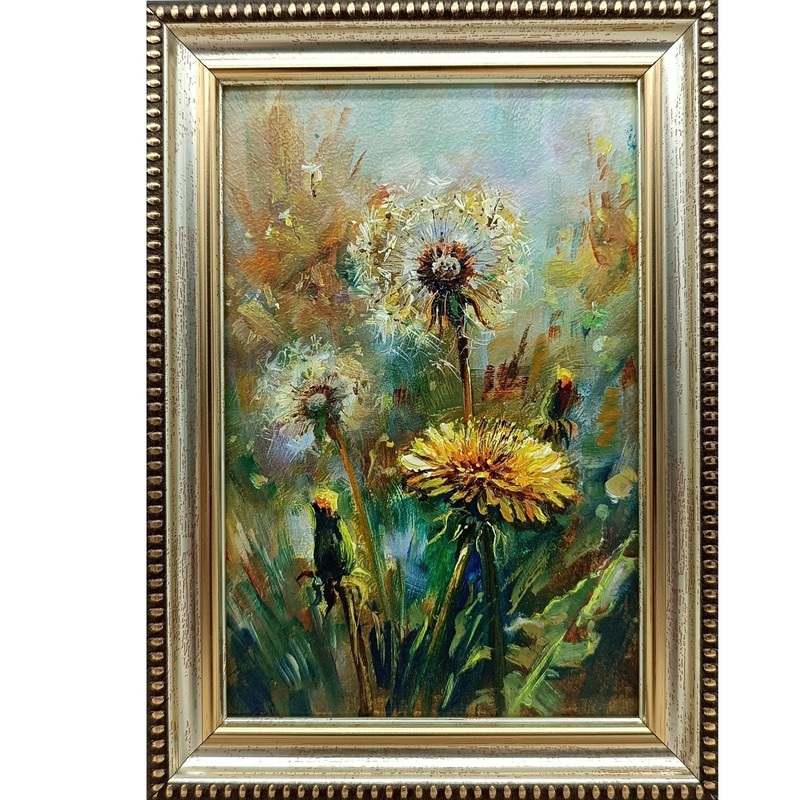Dandelion Original Oil Painting 6x4 Framed Signed Wildflower Sunset Floral Art