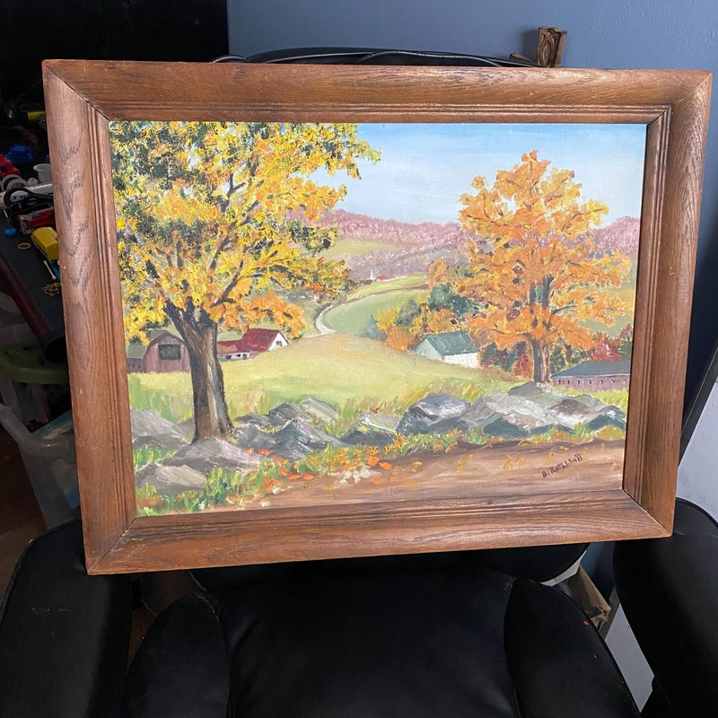 Beautiful Rustic Oil Painting Country Side Fall Landscape, Signed & Framed 22×25