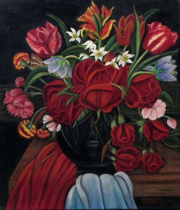 Germaine Michelet, Vintage French Oil Painting, Bouquet of Flowers, Signed, 1970 gallery