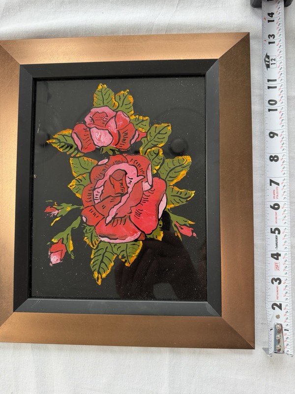 Vintage Foil Painting Rose Flower Art Reverse Foil Framed