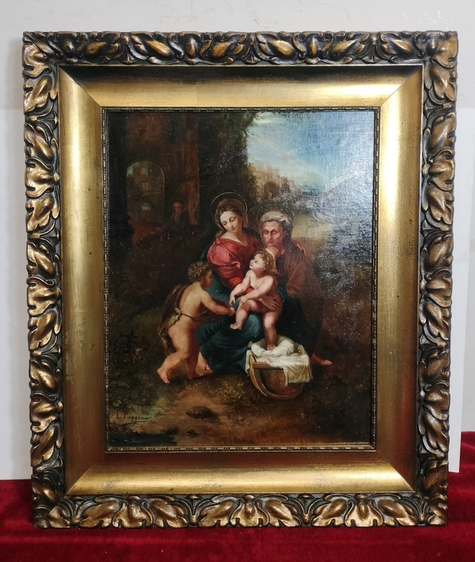 L. PUIGGENER. HOLY FAMILY WITH SANTA ANA. OIL ON CANVAS. SPAIN. 19TH CENTURY.
