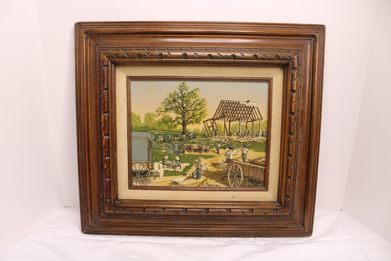 H. Hargrove Amish Mennonite «Barn Building» Signed 17 x 15 Framed!