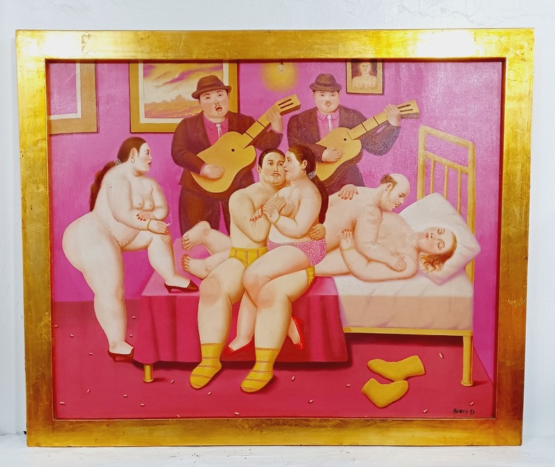 FERNANDO BOTERO OIL ON CANVAS 1992 «END OF PARTY» WITH FRAME IN GOLDEN LEAF NICE