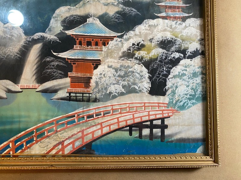 Vintage "Mt Fuji Bridge And Landscape Scene" Mixed Media Painting - Framed gallery