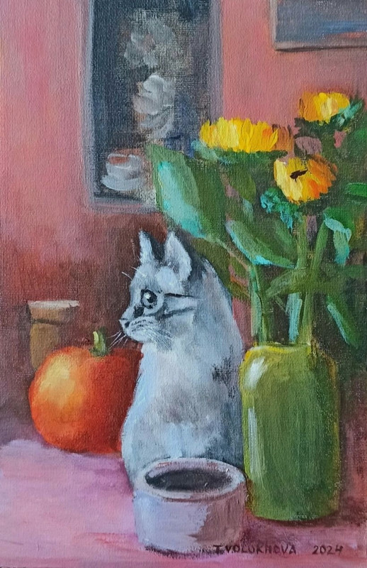 Acrylic painting canvas on cardboard "Cat" by T. Volokhova. 8 x 12 inch gallery