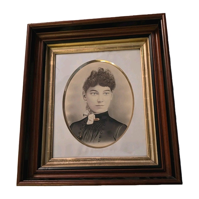 Antique Victorian Pastel Chalk Drawing Portrait of Lady In Walnut Frame 24 X 21