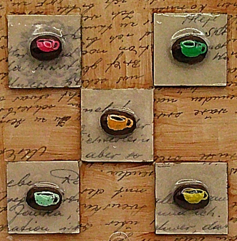 Framed Coffee Cups Painted on Coffee Beans Original Naive Folk Outsider Art 4x4 gallery