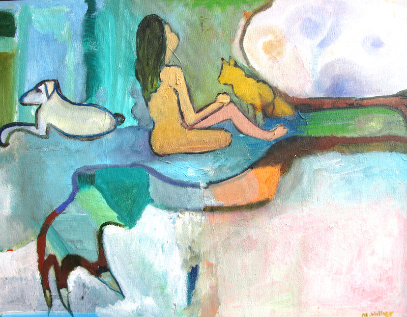 Timewaiters original oil painting VTG 14×18 inches Woman Dog Cat Mary Hillier
