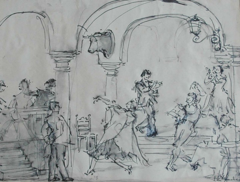 Vintage Gouache & Ink Painting of «Flamenco At The Patio Andaluz» by Lee Jackson