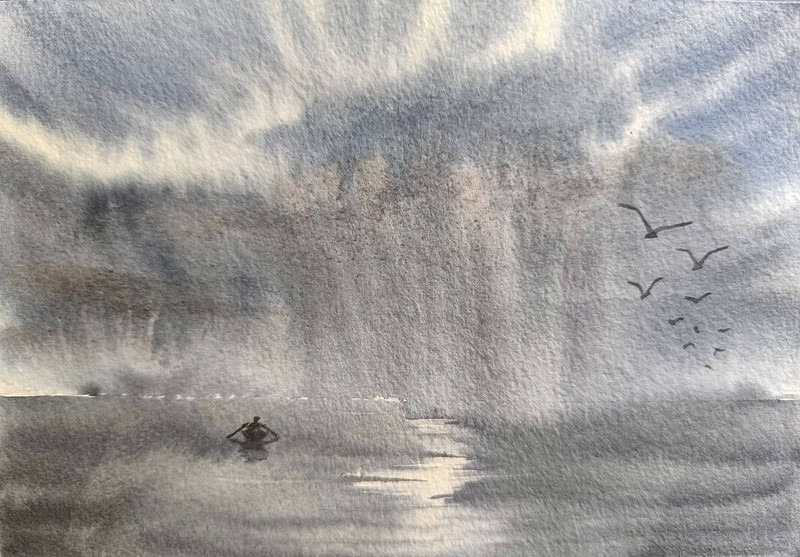 LONELY FISHERMAN BOAT SKY Original Art Painting Landscape Seascape Signed GiftA5 gallery
