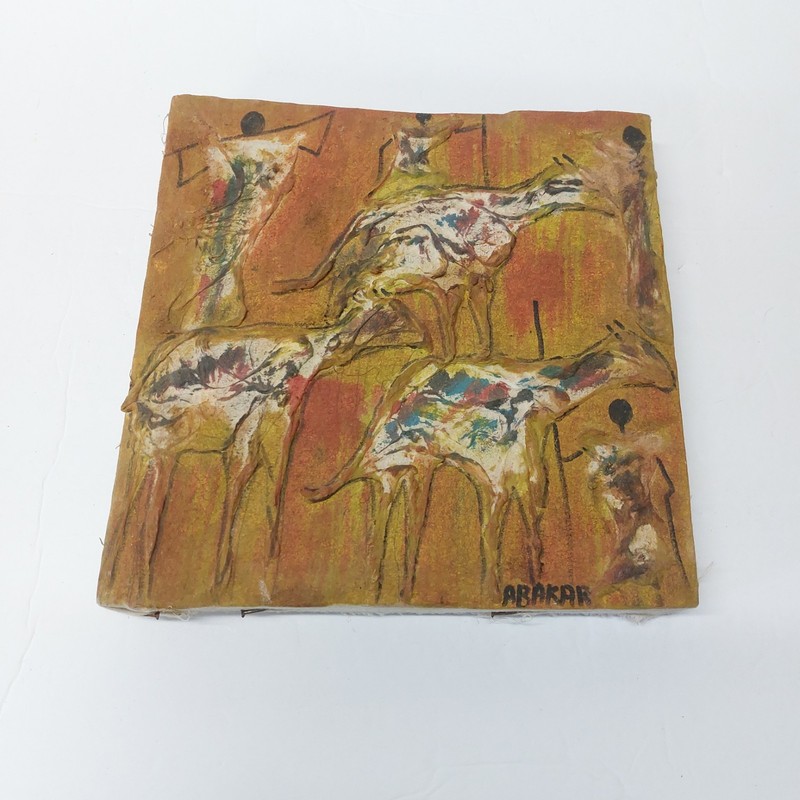 African Folk Art Stretched Canvas Relief Painting Wall Hanging Hunting Livestock