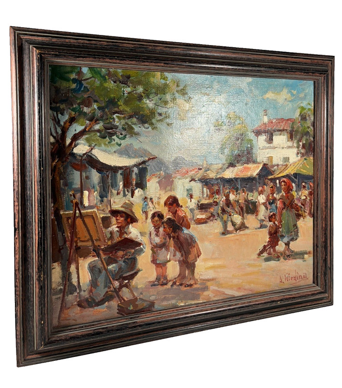 ANTONIO SERRANO IMPRESSIONIST VILLAGE TOWN FIGURES VINTAGE SPAIN OIL PAINTING gallery