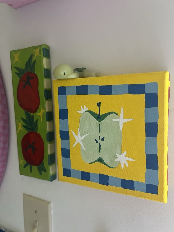 Hand-Painted Small Unframed Apple Still Life Canvas Painting Folk Naive Art