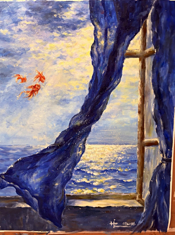 HP Signed Impressionist Seascape Painting Ocean View Through Window w/ Birds