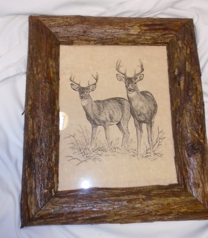 Barry Nehr ORIGINAL Art Ink Drawing Live Edge Bark Wood Frame Deer Buck