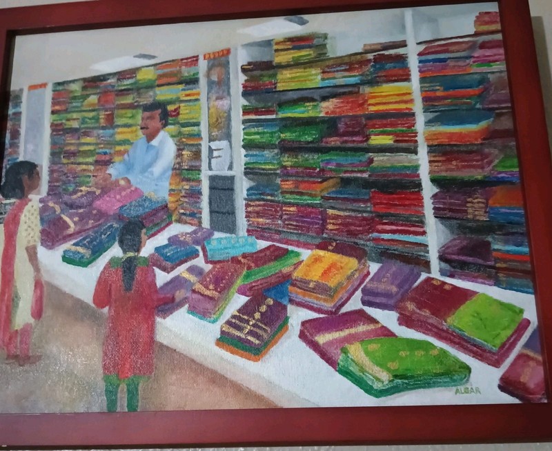 Signed Mark Algar,Rich Bold Multi Color Art. School Supply Shop India Wt People.