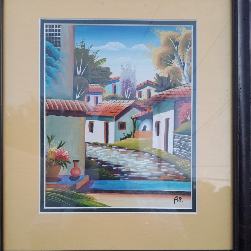 RUSTIC LATIN AMERICAN house town scene colorful original signed