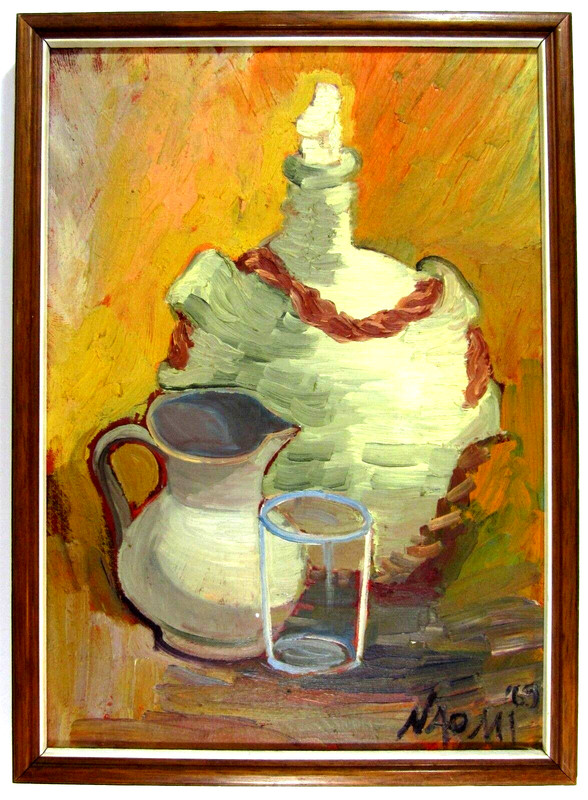 Vintage Mid Century Modern Painting Still Life Jug Pitcher Oil Signed Naomi 1969
