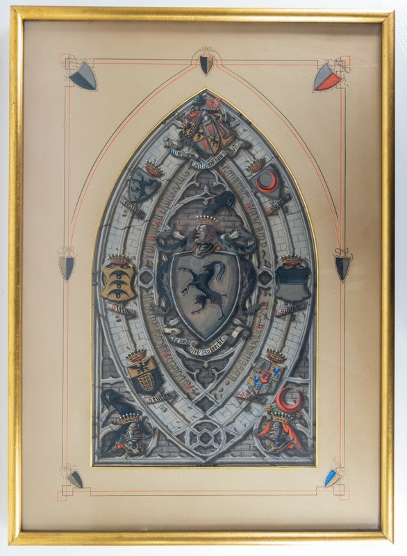 Fine Antique Gothic Revival Watercolor Painting Family Crest Coat of Arms German